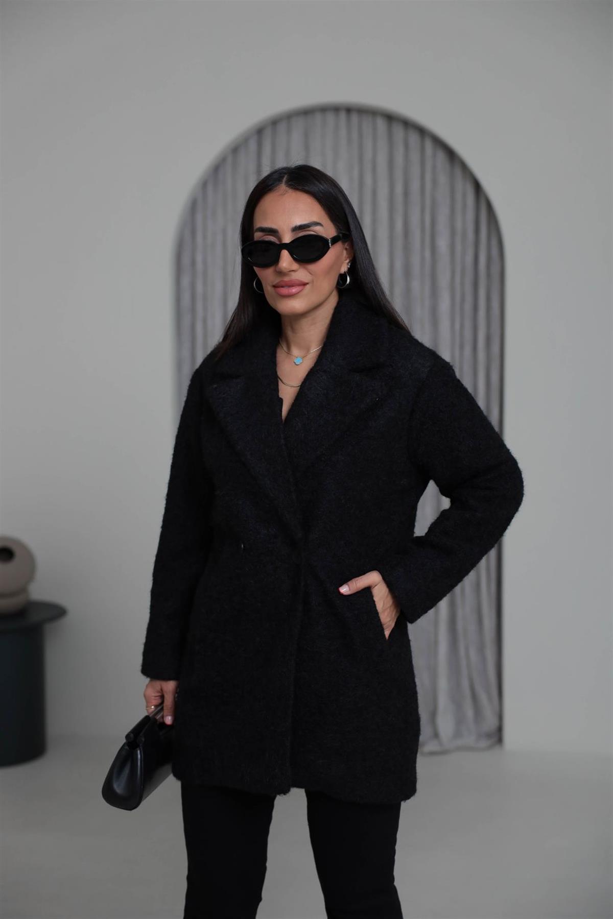 9699 Çift Düğmeli Buklet Kaban SİYAH