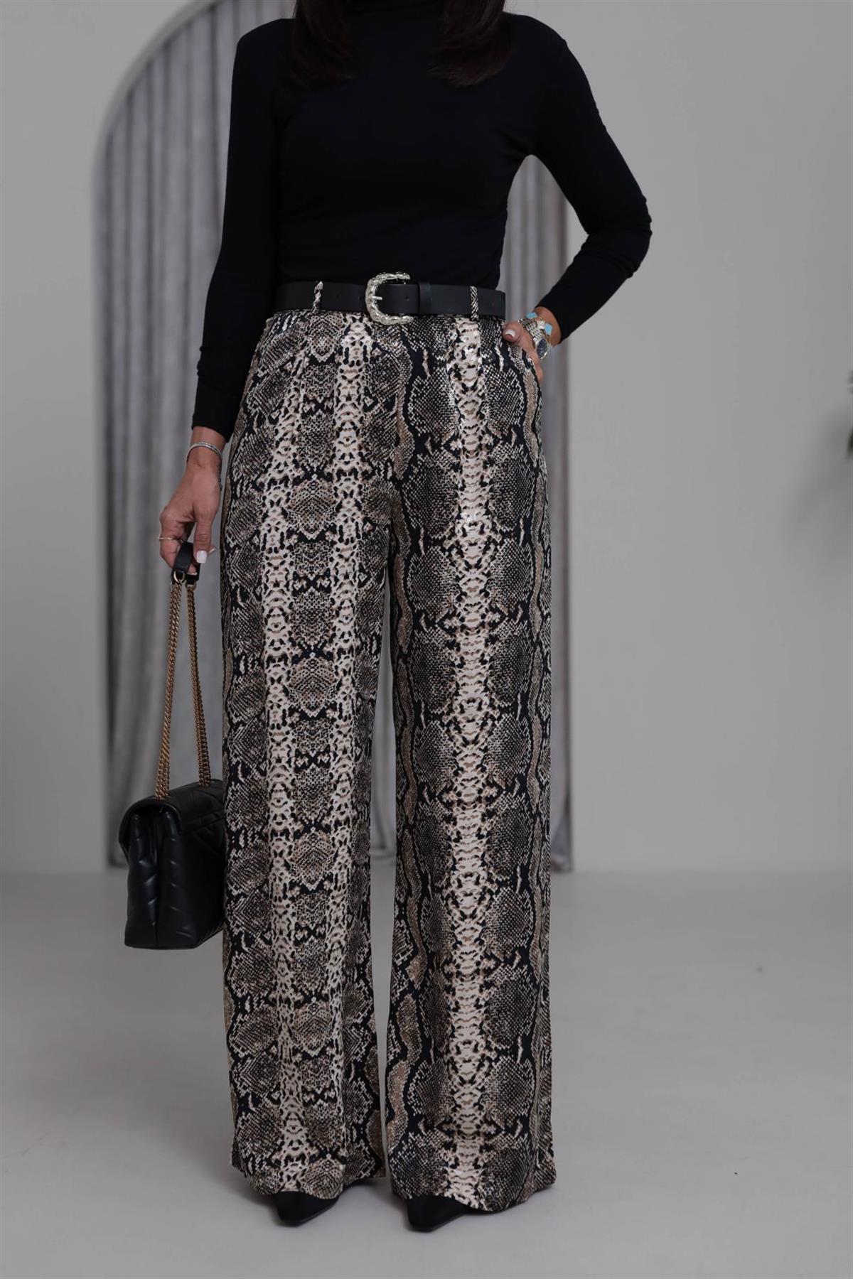 1138 Yılan Desenli Kemerli Saten Pantolon SİYAH-KAHVE