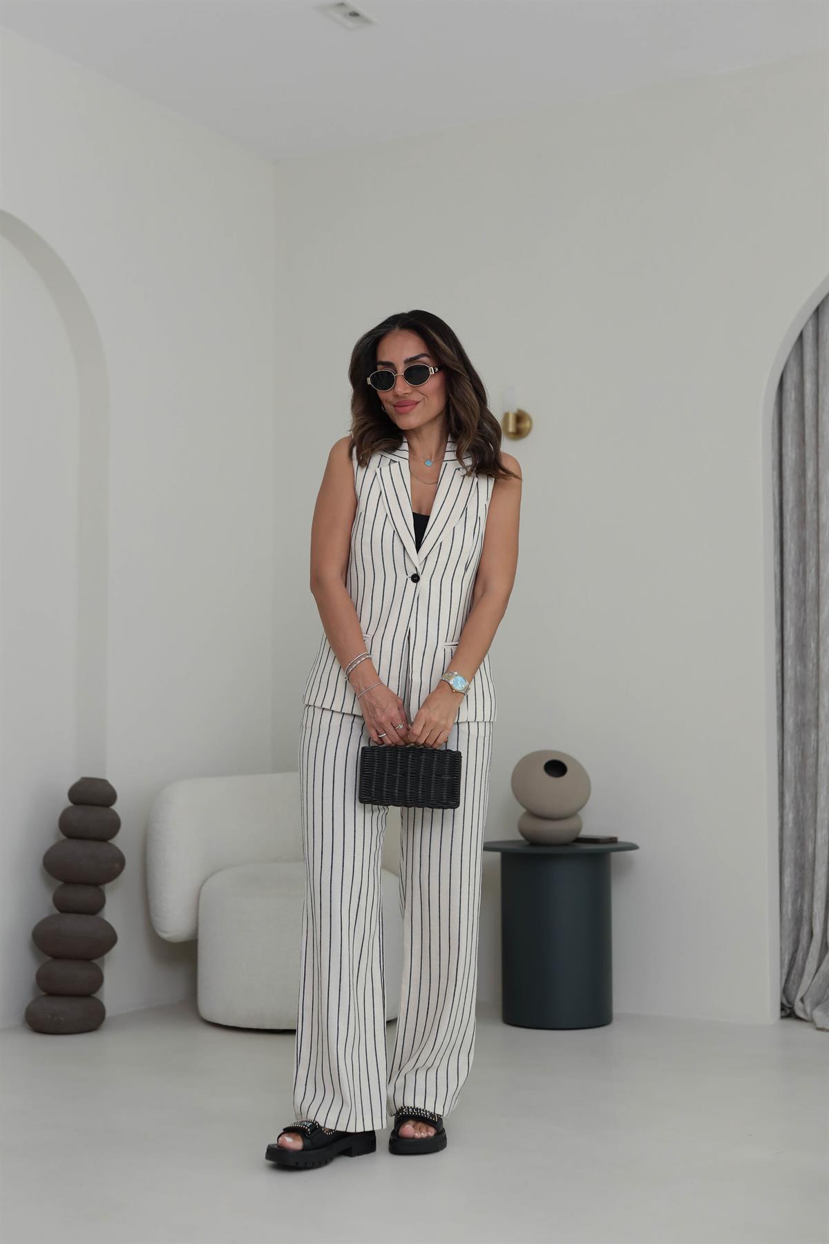 8669 Tek Düğmeli Çizgili Keten Yelek & Pantolon Takım SİYAH