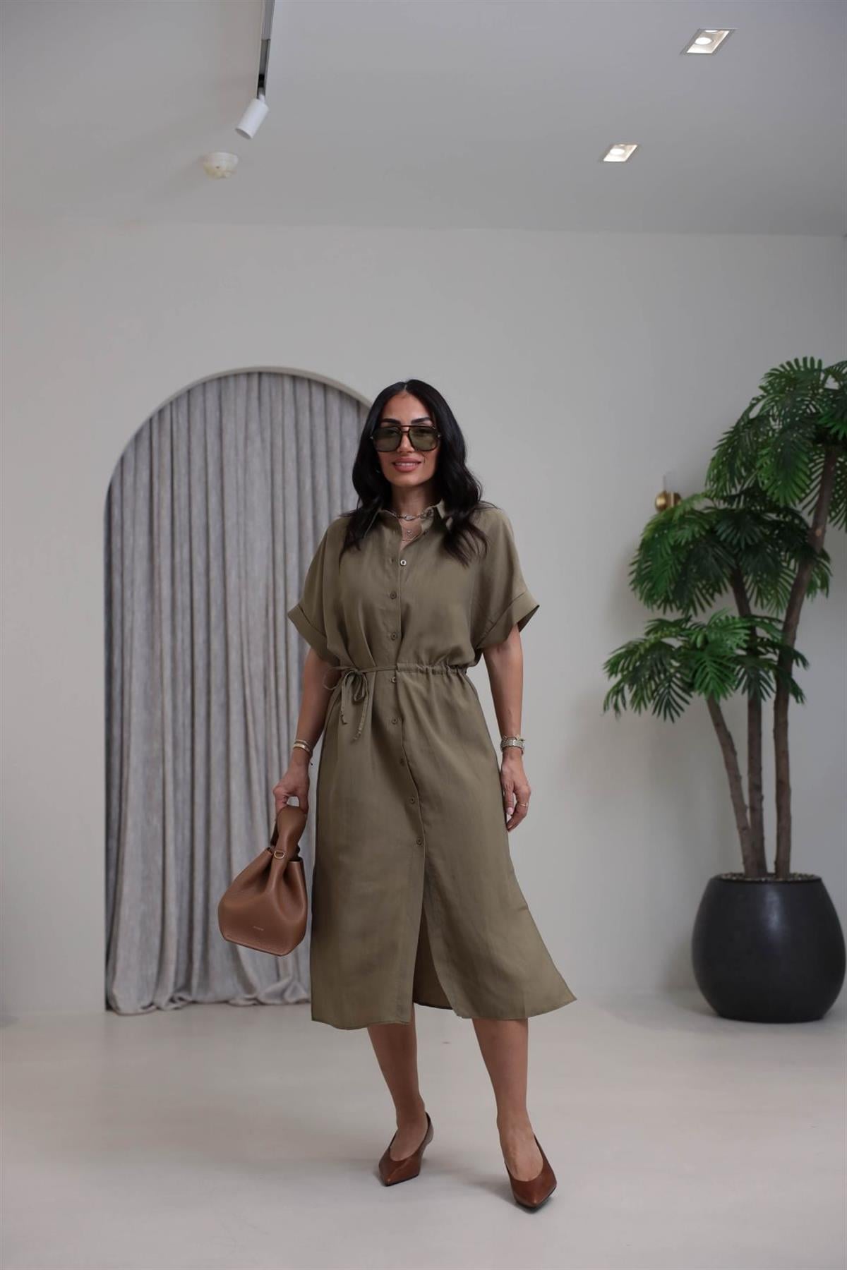 1003 Massi Tencel Gömlek Elbise HAKİ YEŞİL