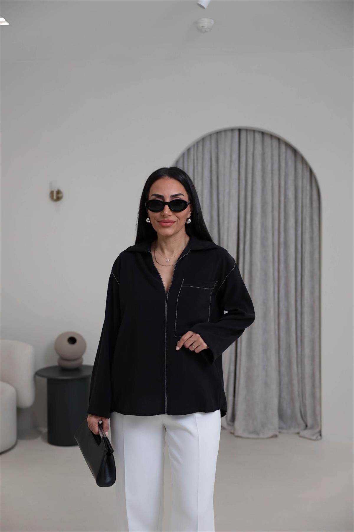 0723 Zincir Dikişli Cep Detay Tencel Gömlek SİYAH