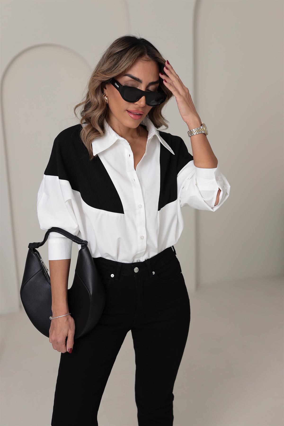 8034 Triko Garnili Poplin Gömlek SİYAH