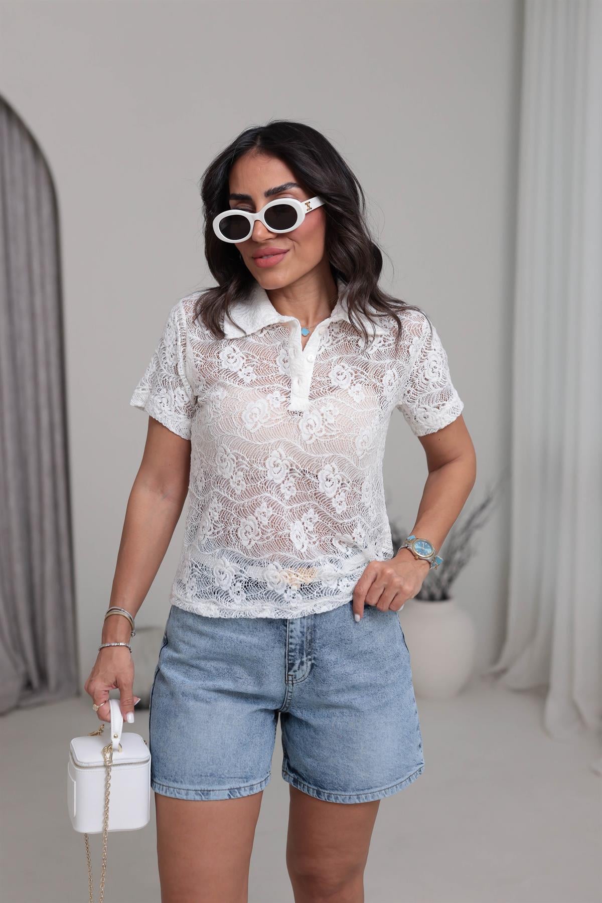 9964 Polo Yaka Dantel Bluz EKRU