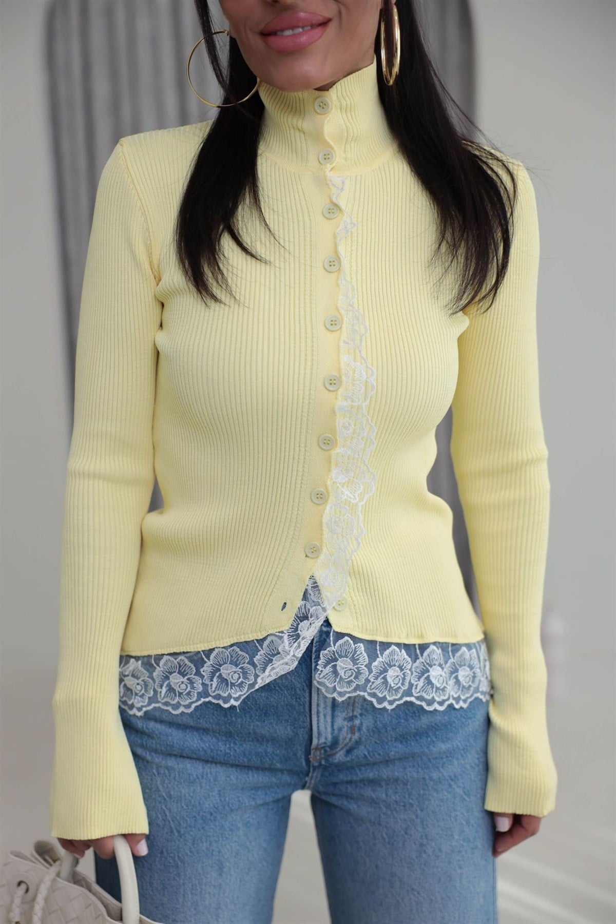 Yarım Balıkçı İspanyol Kol Güpürlü Hırka SARI