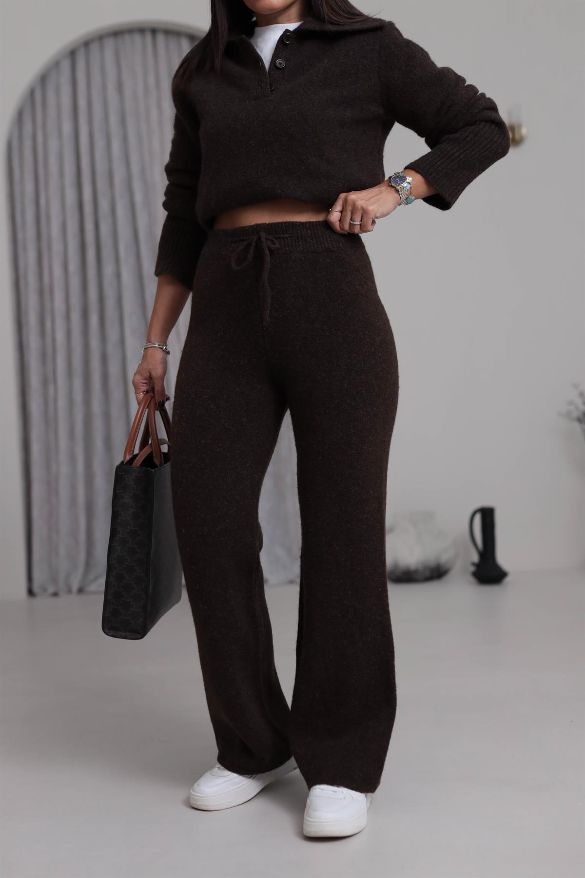5051 Bağcıklı Triko Pantolon ACI KAHVE