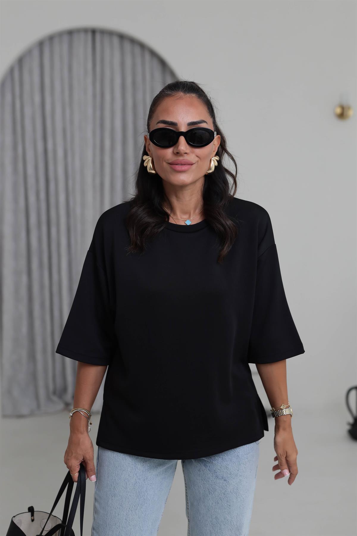 4783 Bisiklet Yaka Rahat Modal Cupra Tshirt SİYAH