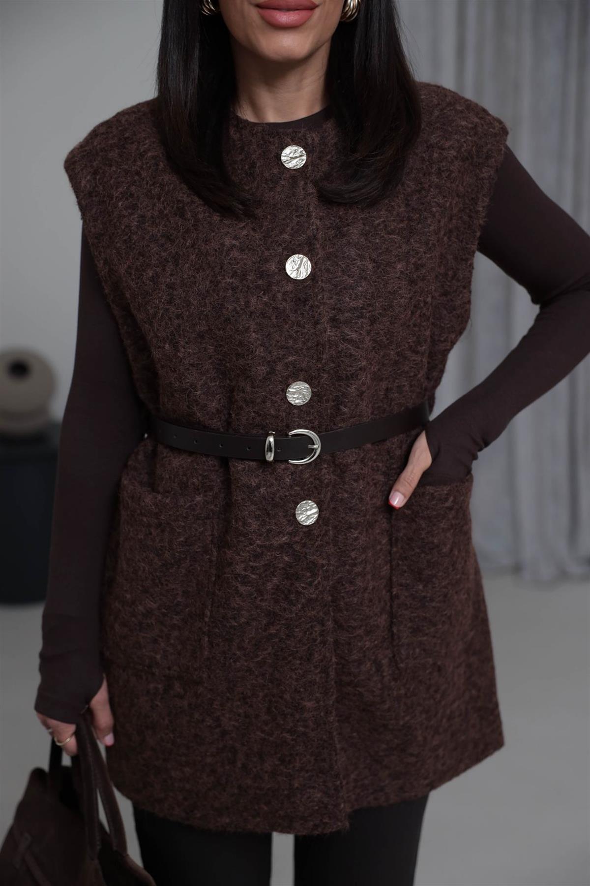 9187 Düğme Ve Kemer Detay Buklet Yelek KAHVE
