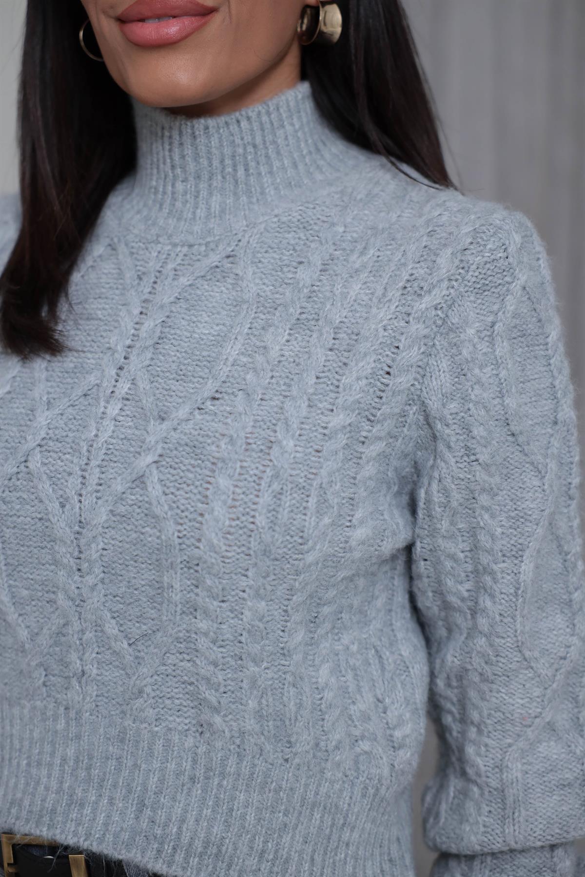 2549 Balıkçı Yaka Örgü Desen Kazak GRİ