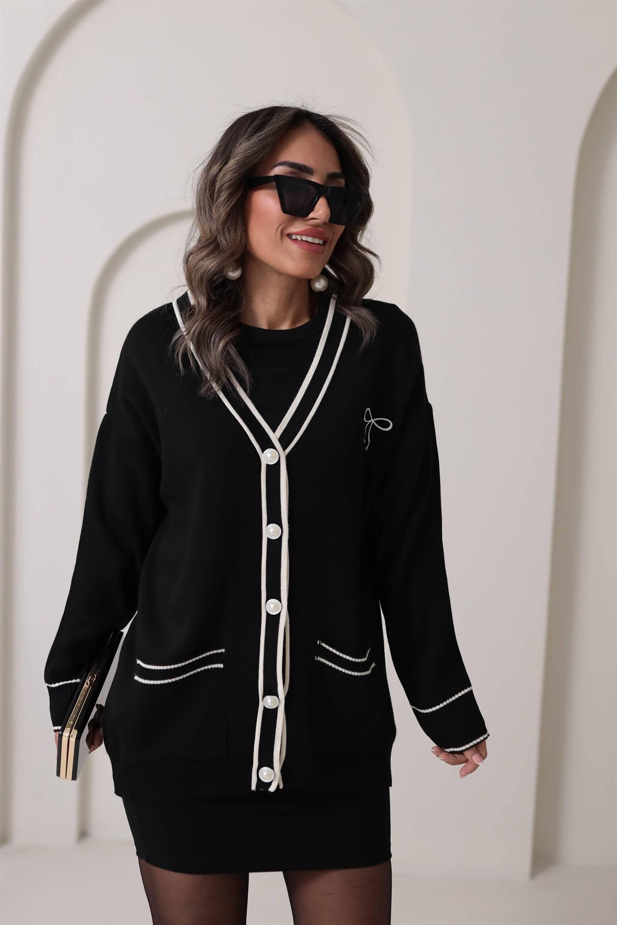 0120 Kurdela Nakışlı İnci Düğmeli Hırka SİYAH