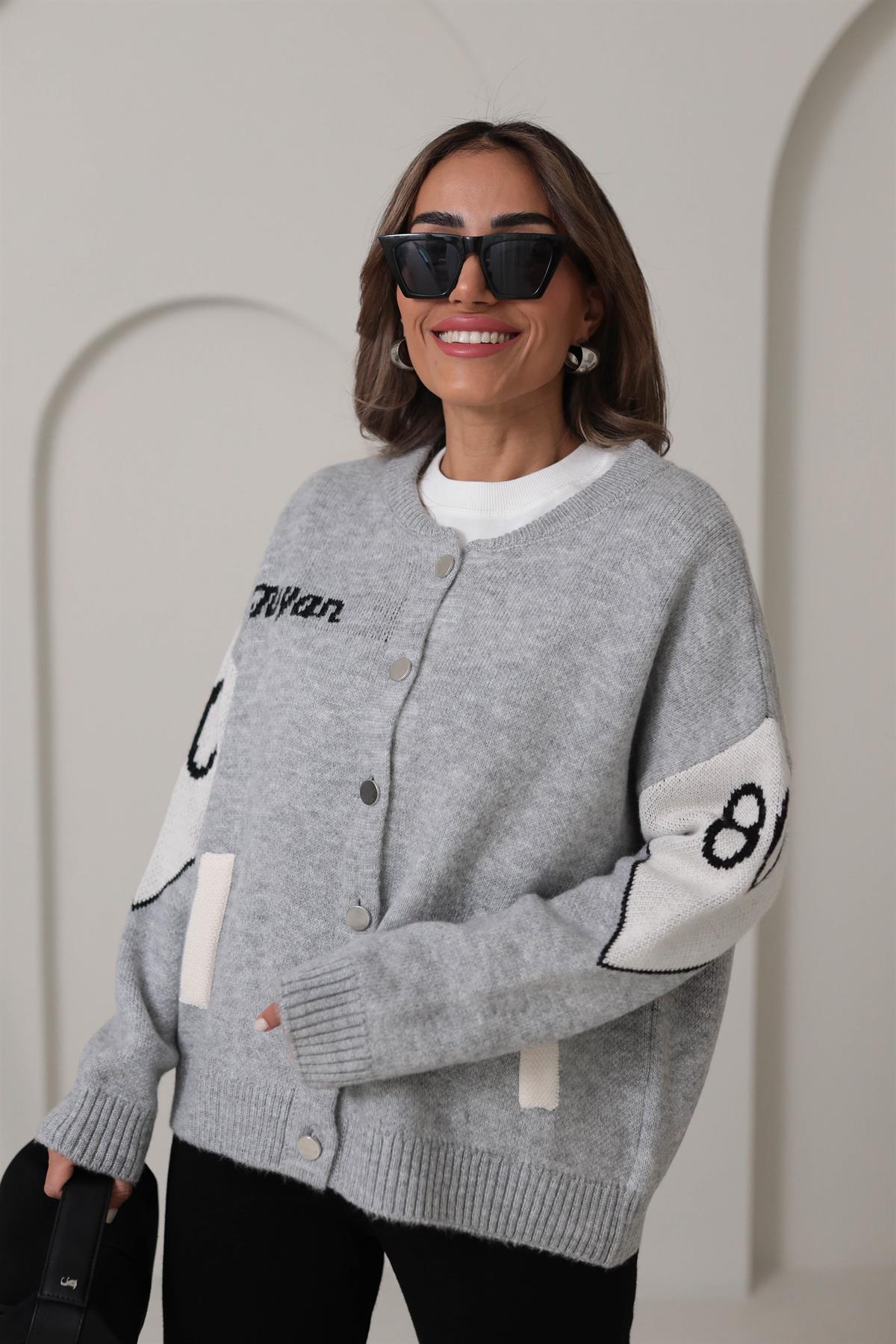 2384 Tasarım Yazı Detaylı Hırka Ceket GRİ