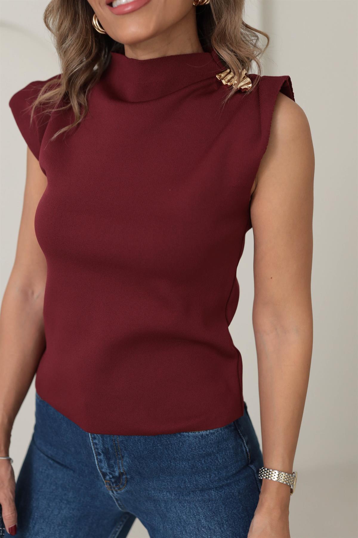 4533 Yarım Balıkçı Broşlu Triko Bluz BORDO