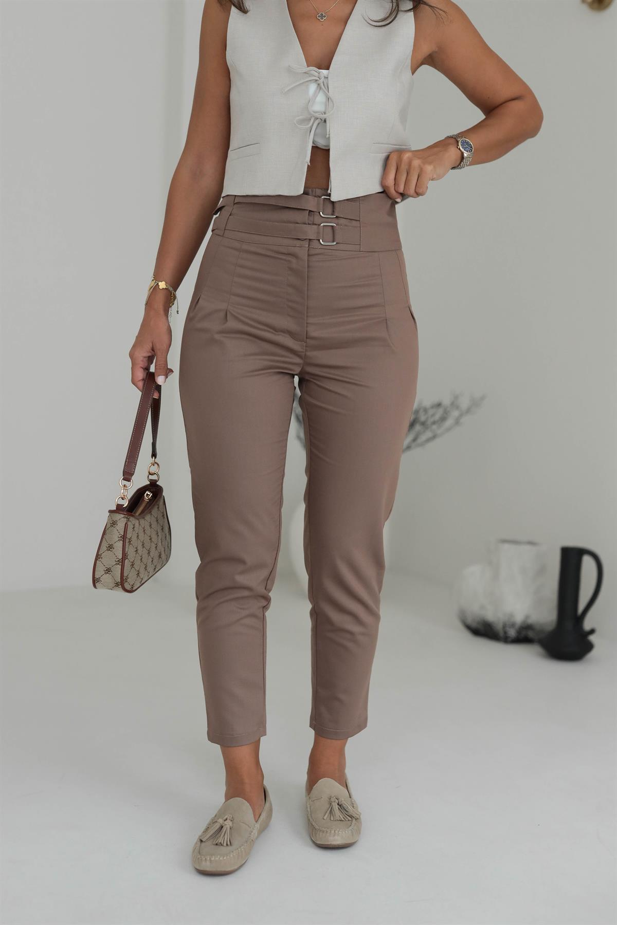 Çift Kemerli Yüksek Bel Pantolon