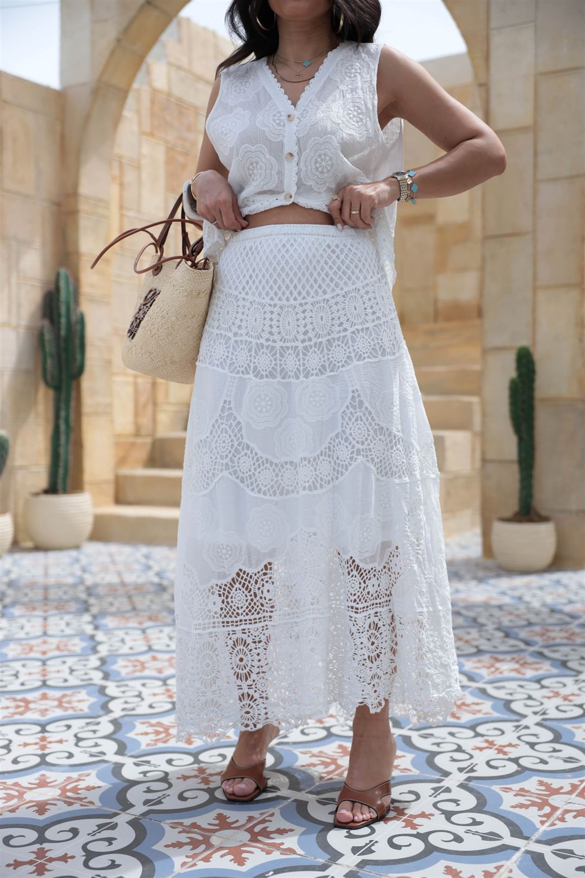 9749 Dantel Detaylı Yüksek Bel İthal Etek BEYAZ