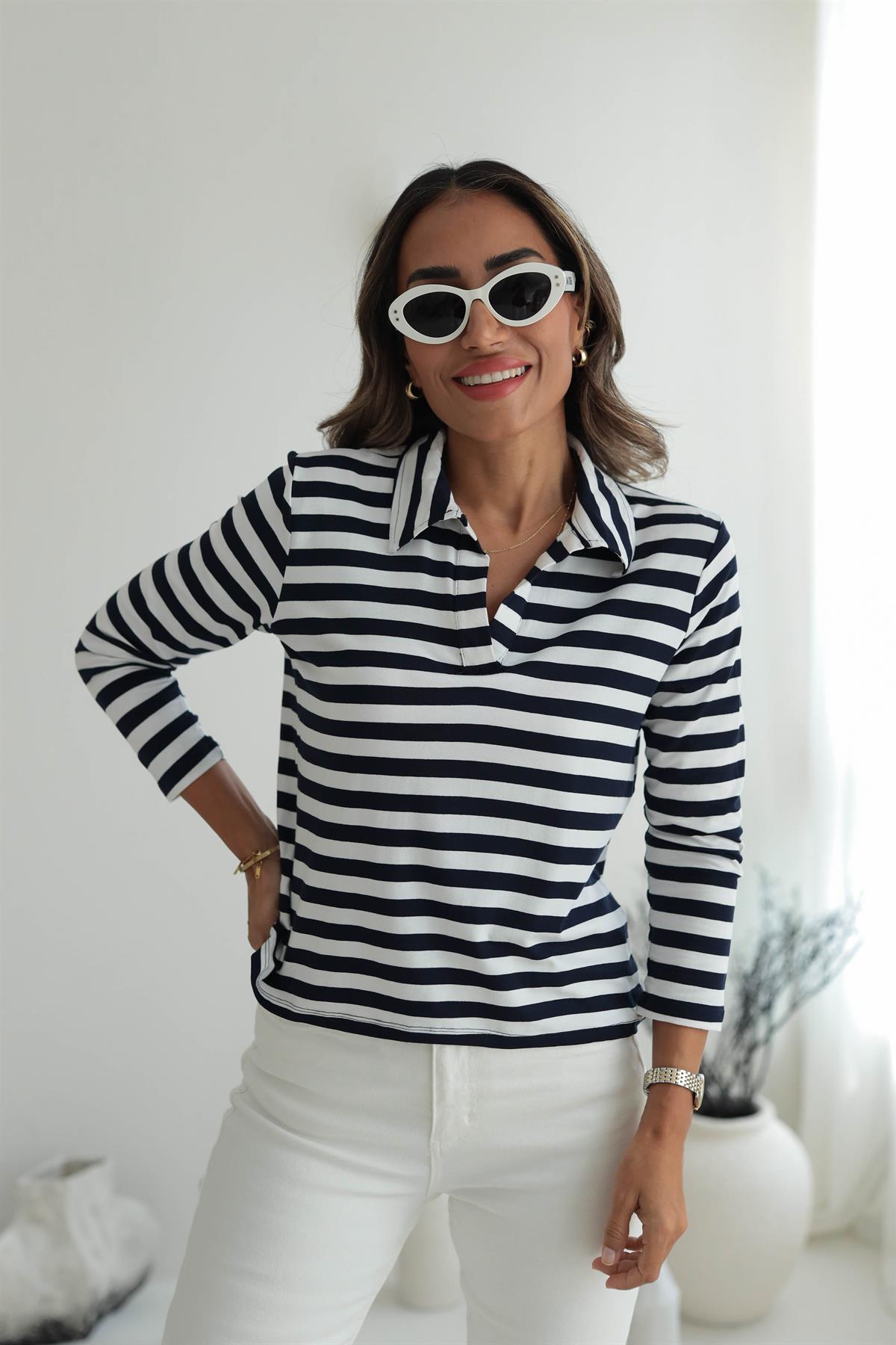 Polo Yaka Çizgili Modal Penye Bluz