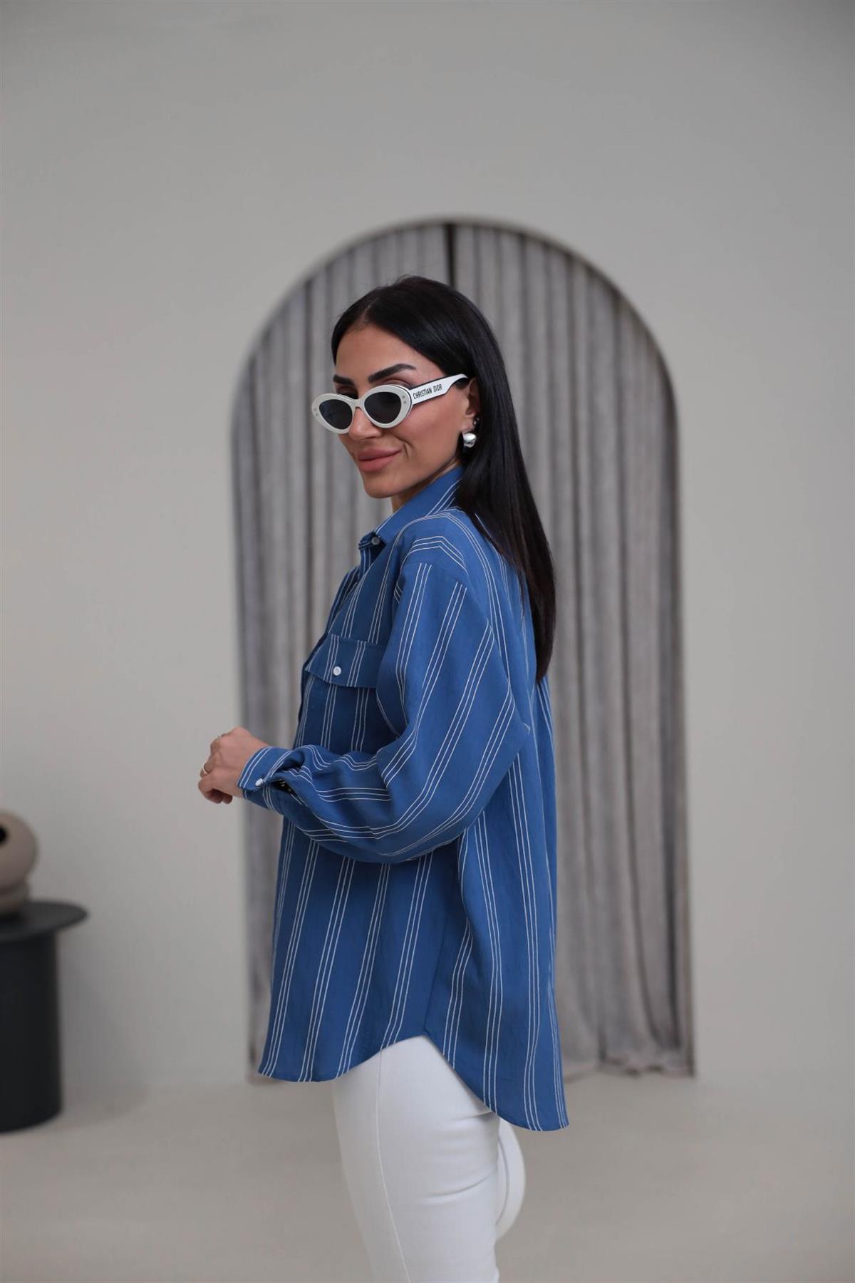 4003 Cepli Çizgili Viskon Gömlek MAVİ