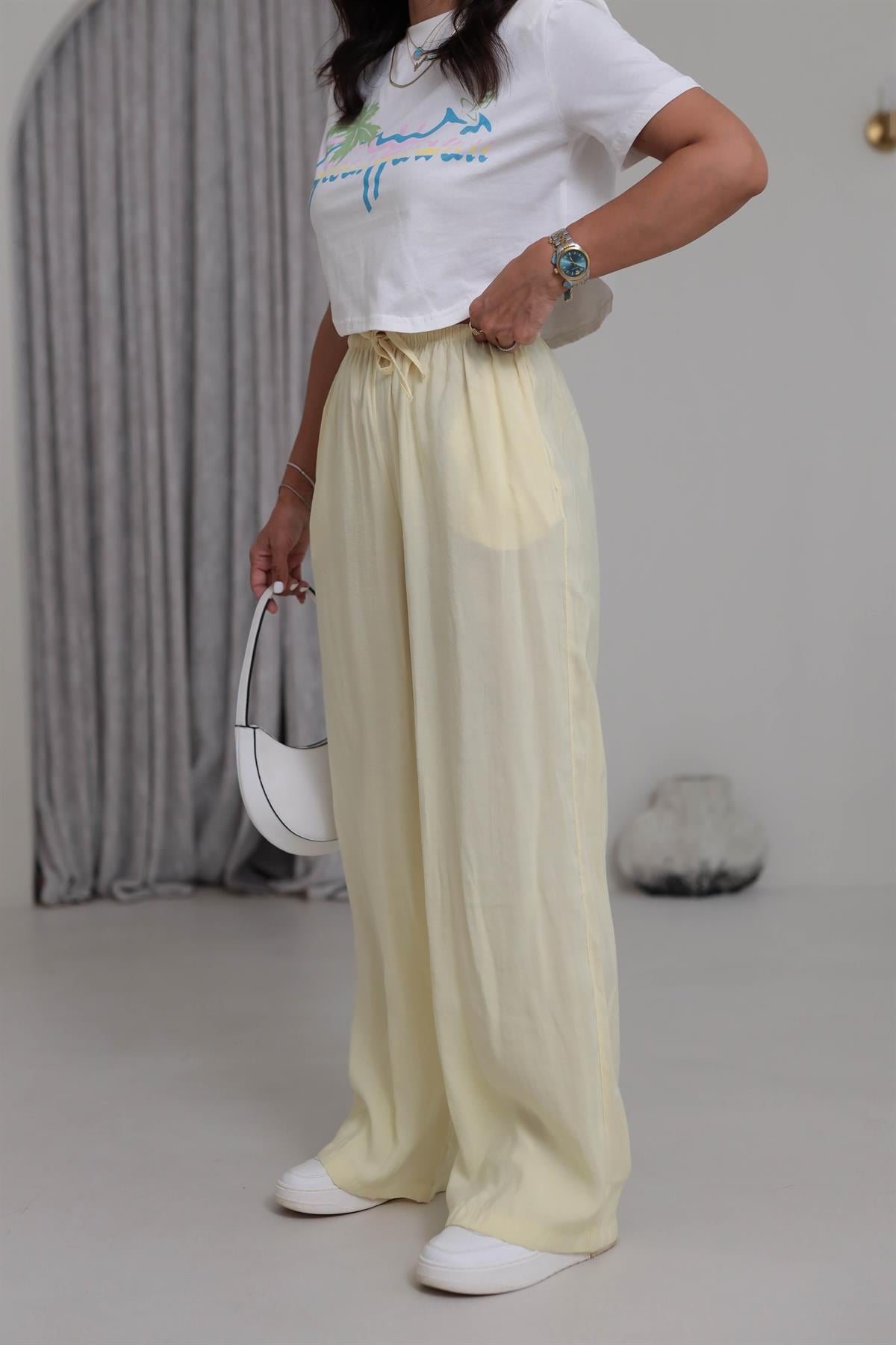 1141 Bel Lastikli Tencel Pantolon SARI