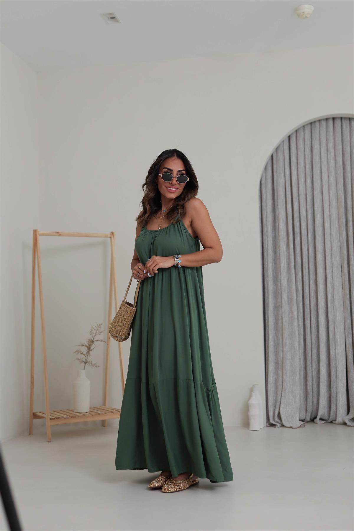 1387 Askıları Ayarlanabilir Viskon Maxi Elbise HAKİ YEŞİL