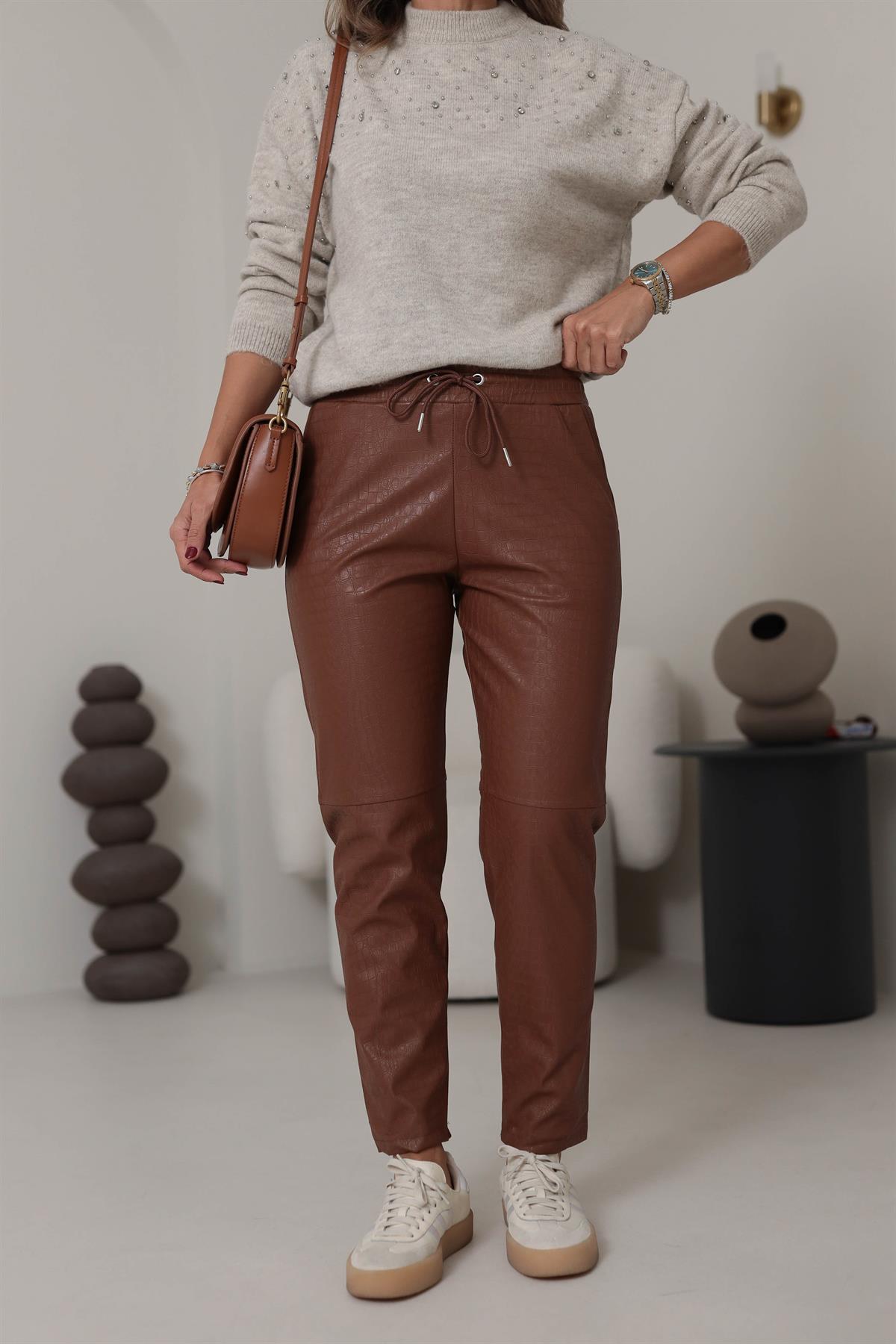 3410 Krokodil Parçalı Deri Pantolon