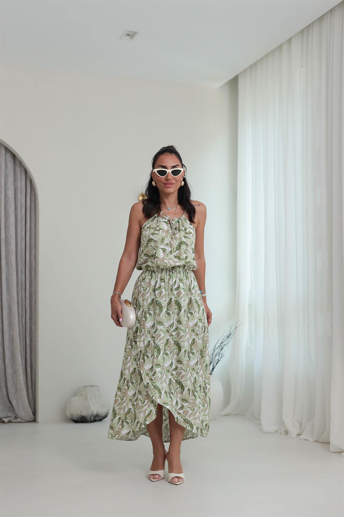 7298 Boncuk Detay Bağlamalı Bel Lastikli Elbise YEŞİL