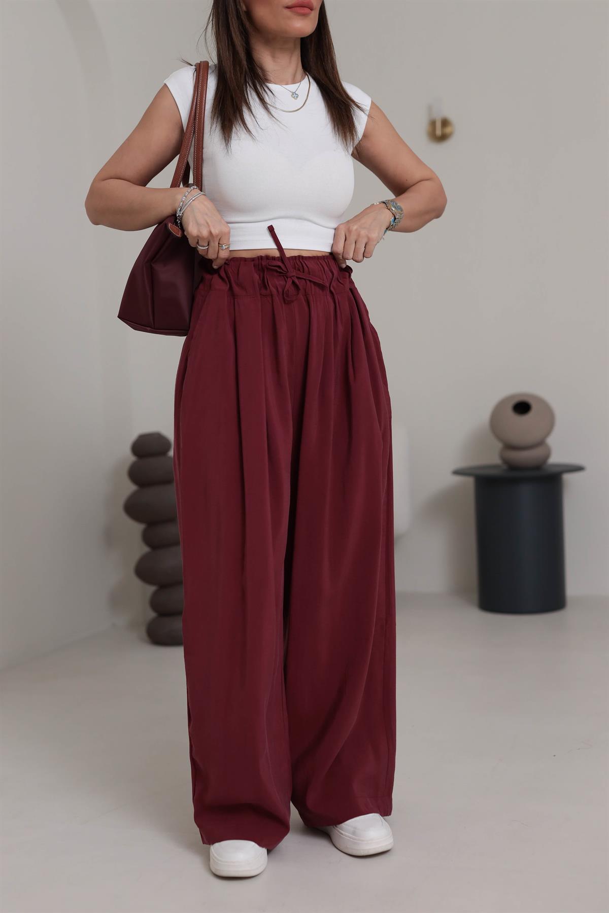 0165 Yüksek Bel Lastikli Bol Paça Tencel  Pantolon BORDO