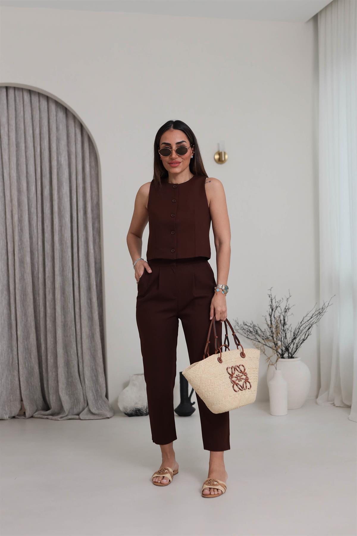 0005 Düğmeli Krep Yelek KAHVE