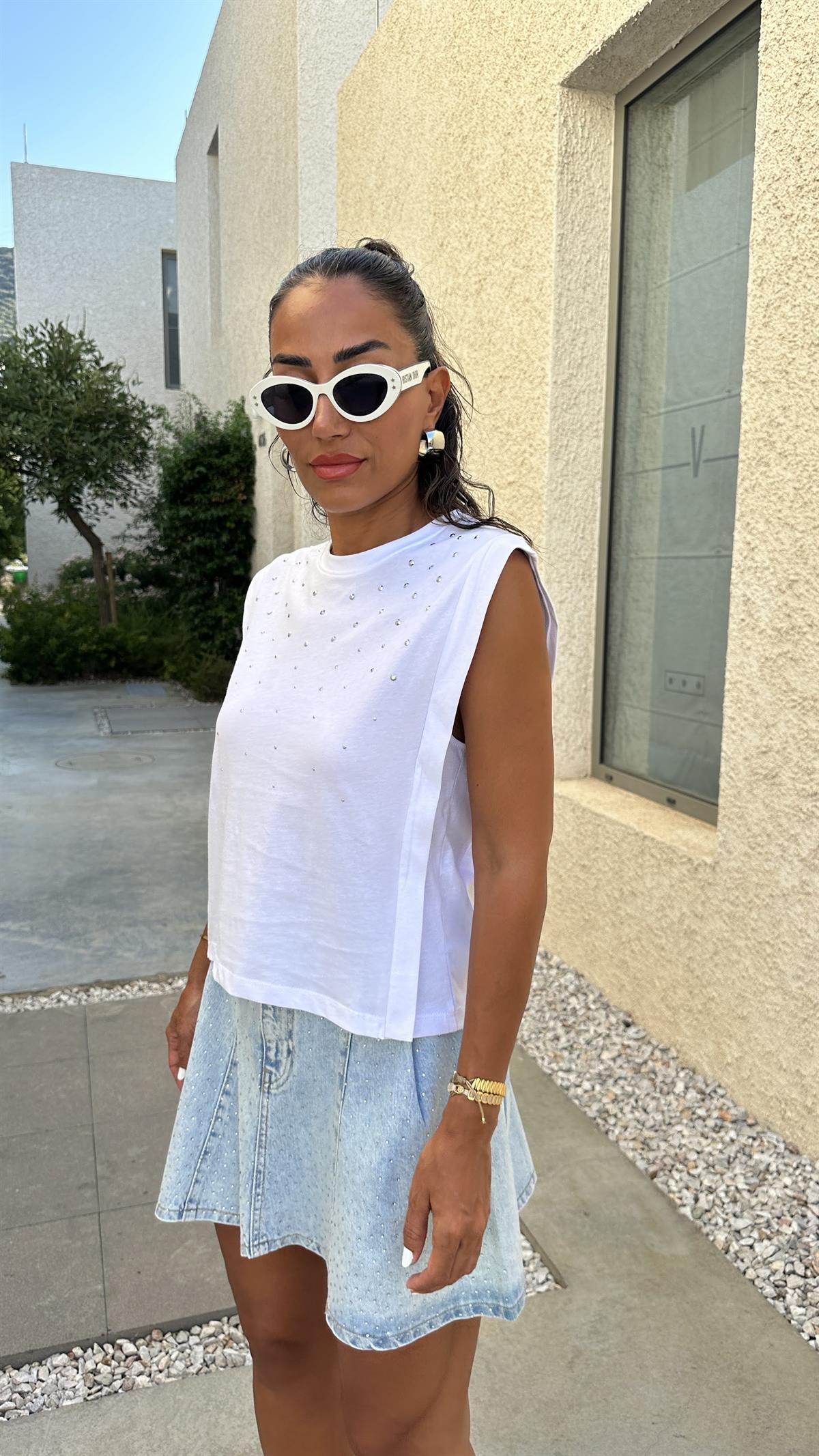 6175 Önü Taşlı Sıfır Kol Tshirt