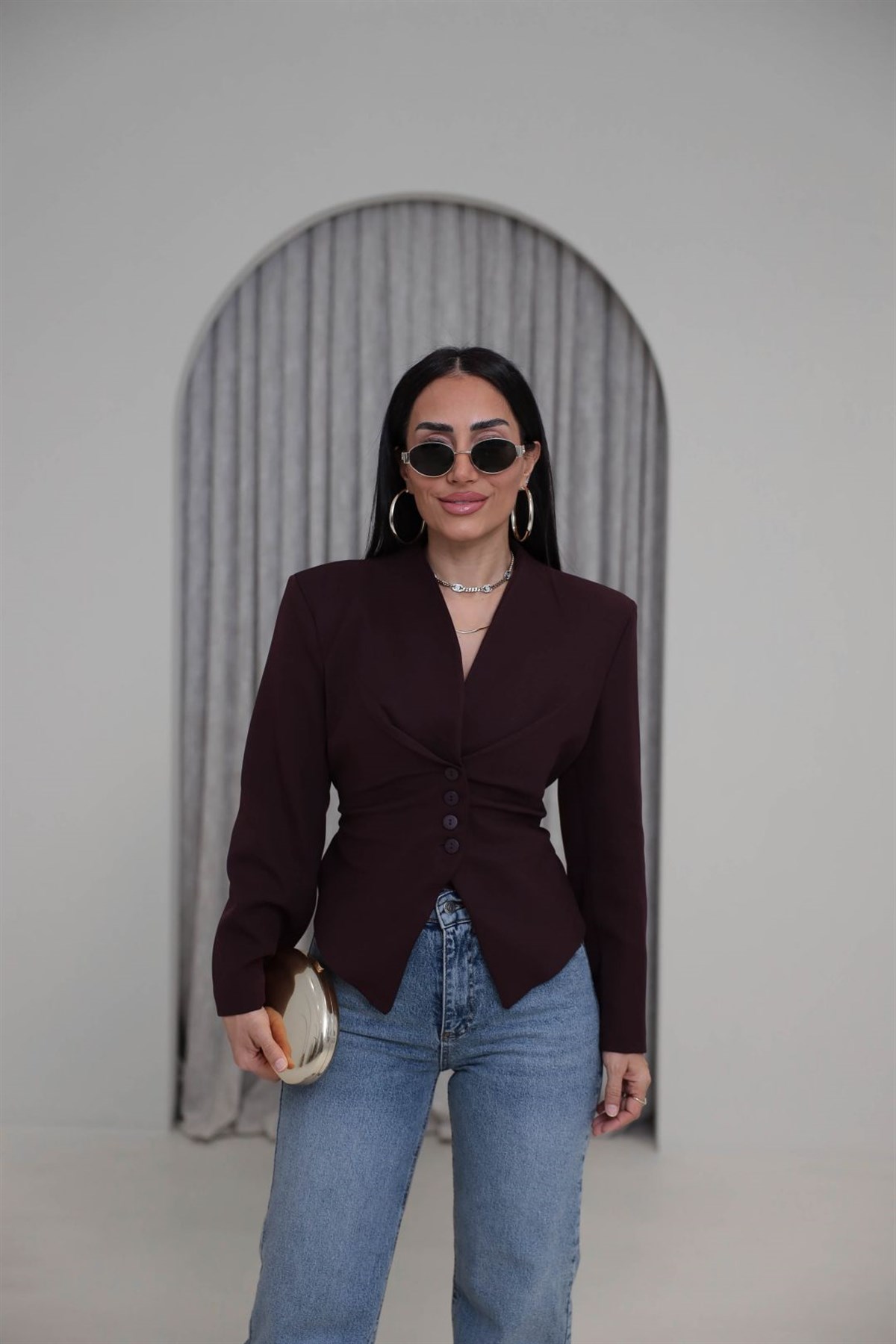 Vatkalı Asimetrik Belden Kuşaklı Ceket BORDO