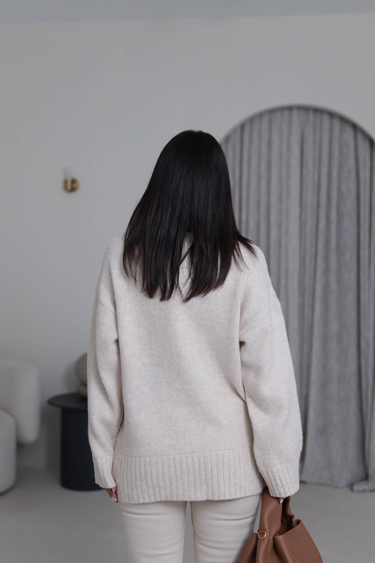 0100 Bisiklet Yaka Oversize Düz Kazak TAŞ