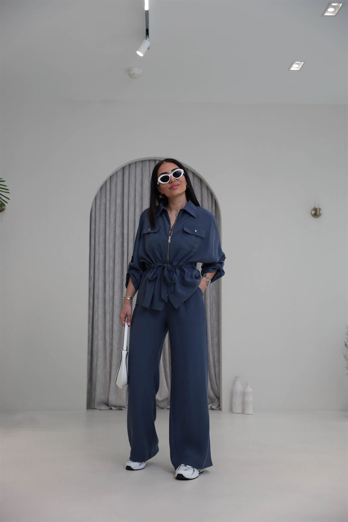 1003 Cep Kapaklı Fermuarlı Bel Büzgülü Modal Tencel Takım Indigo