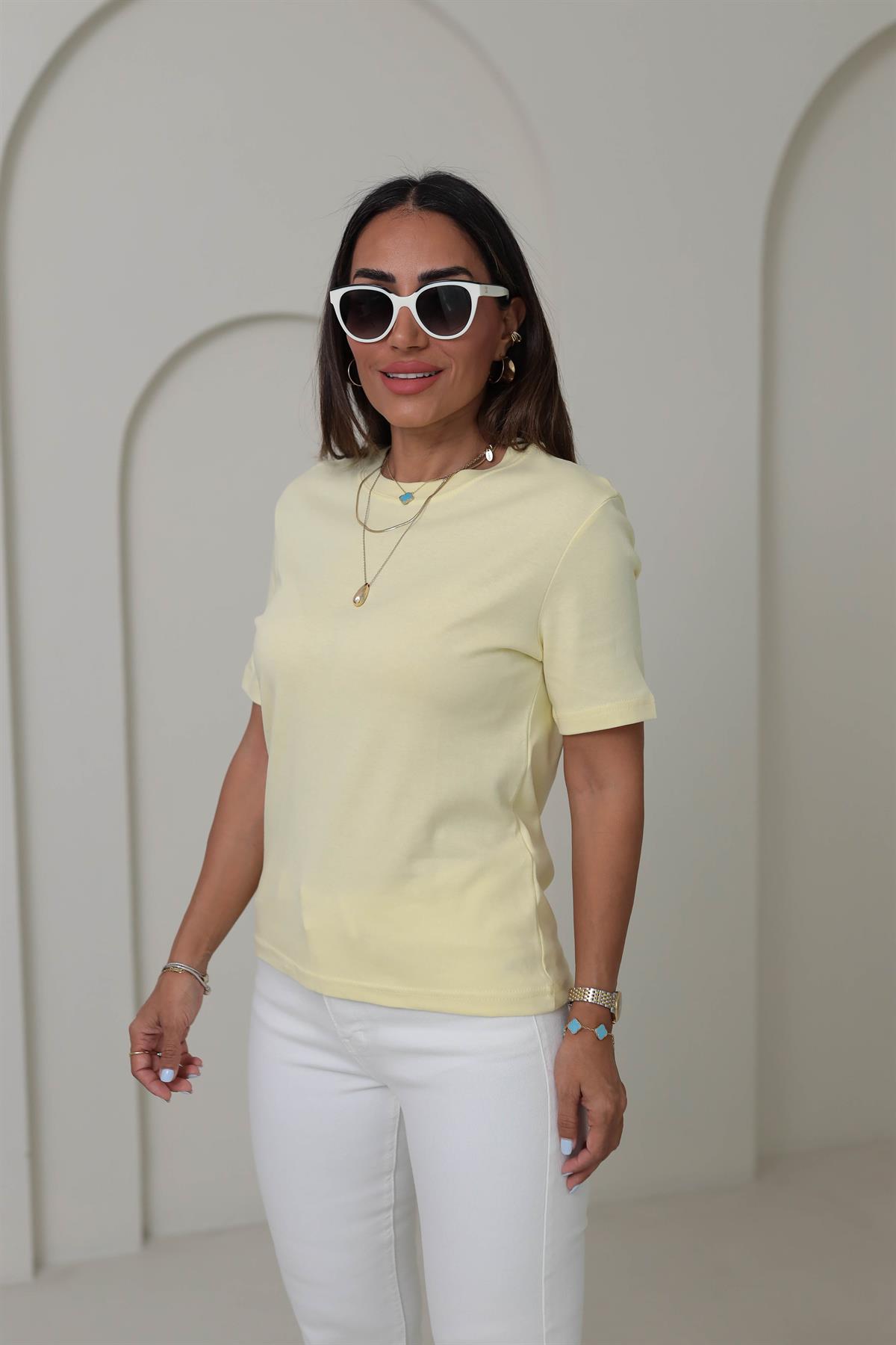 1075 Bisiklet Yaka Pamuklu Basic Tshirt AÇIK SARI
