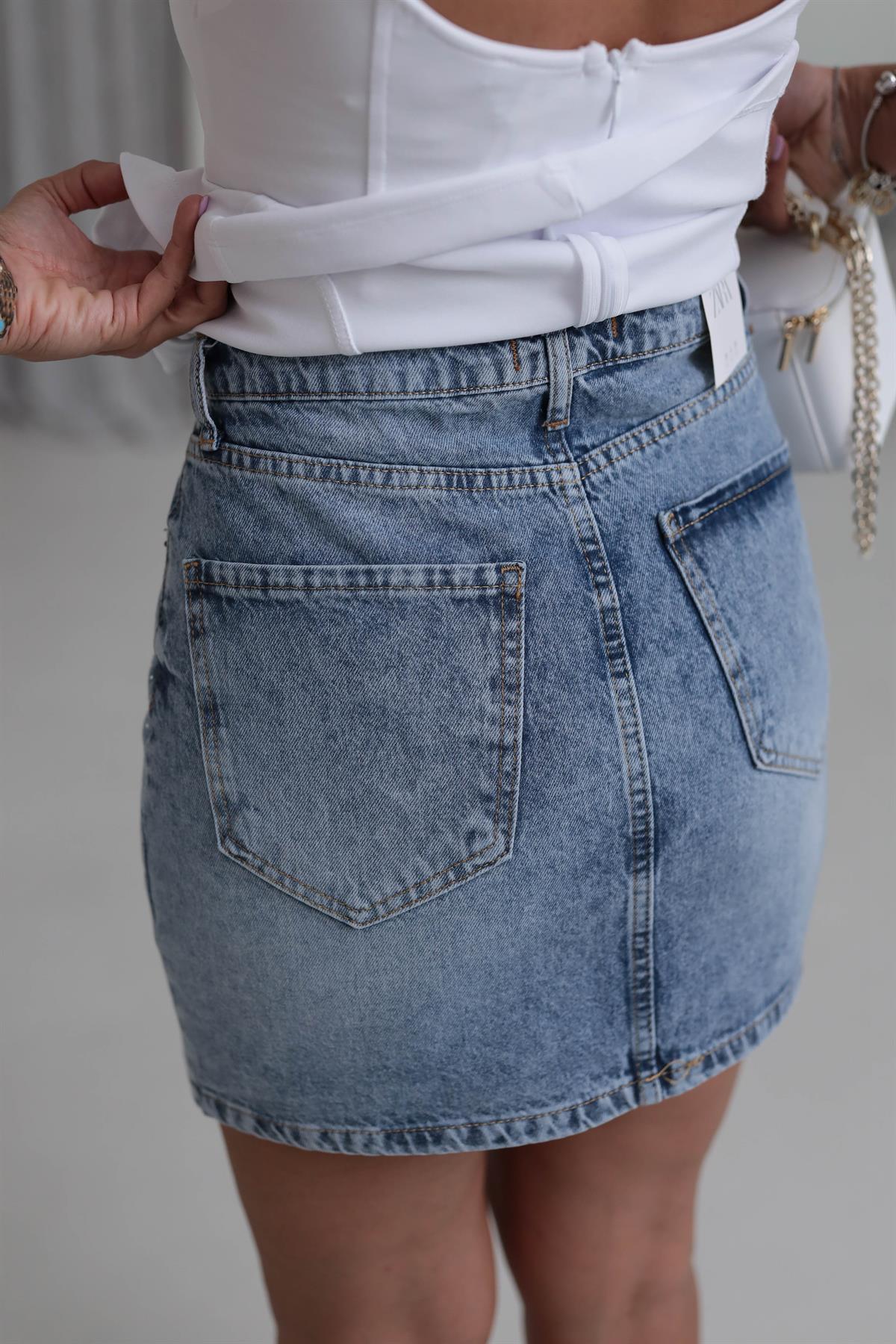 Taşlı Mini Kot Etek MAVİ