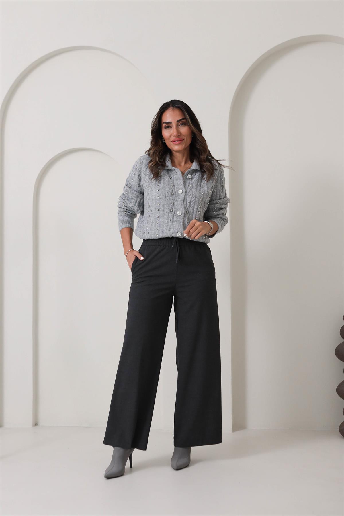 1556 Bel Bağcık ve Lastikli Bol Paça Pantolon ANTRASİT