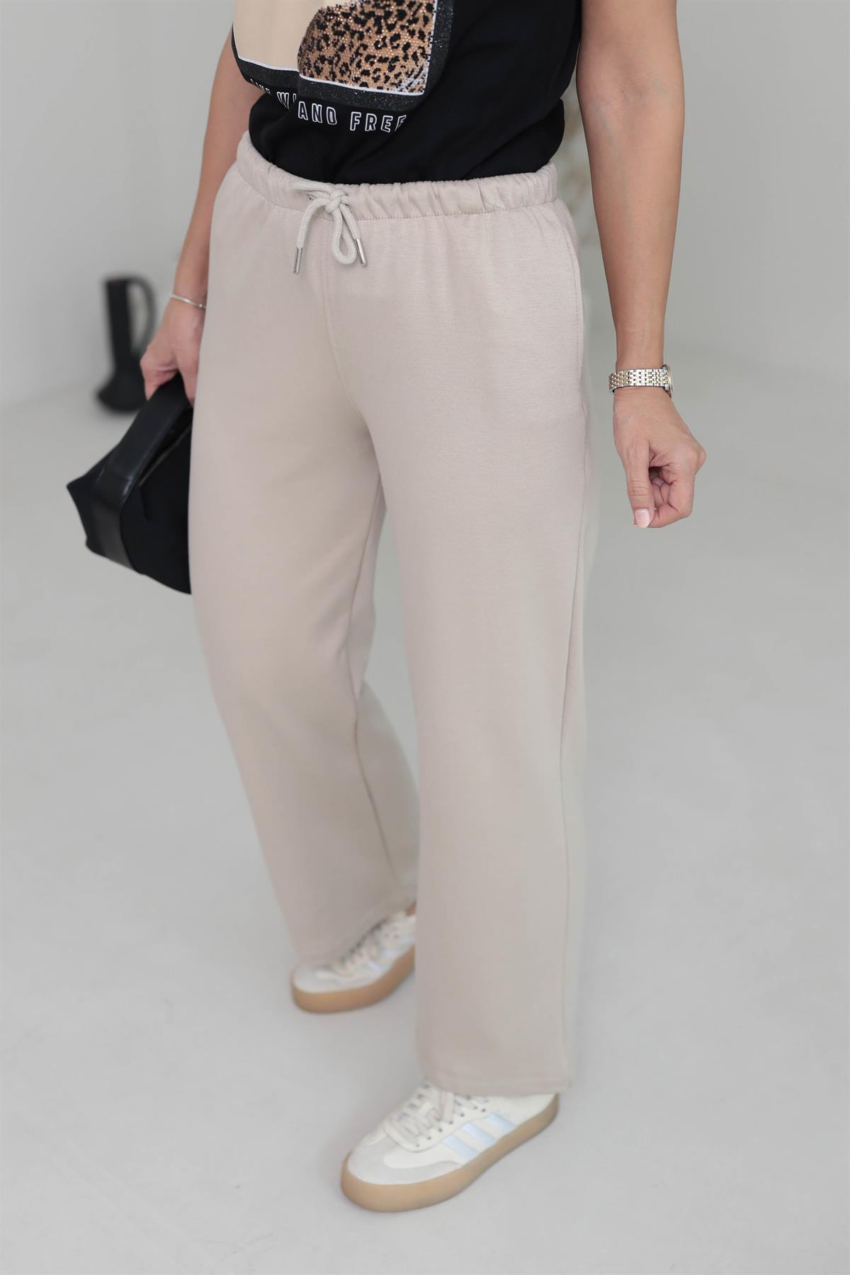 Beli Lastikli Yumuşak Doku Şardonlu Eşofman Altı BEJ