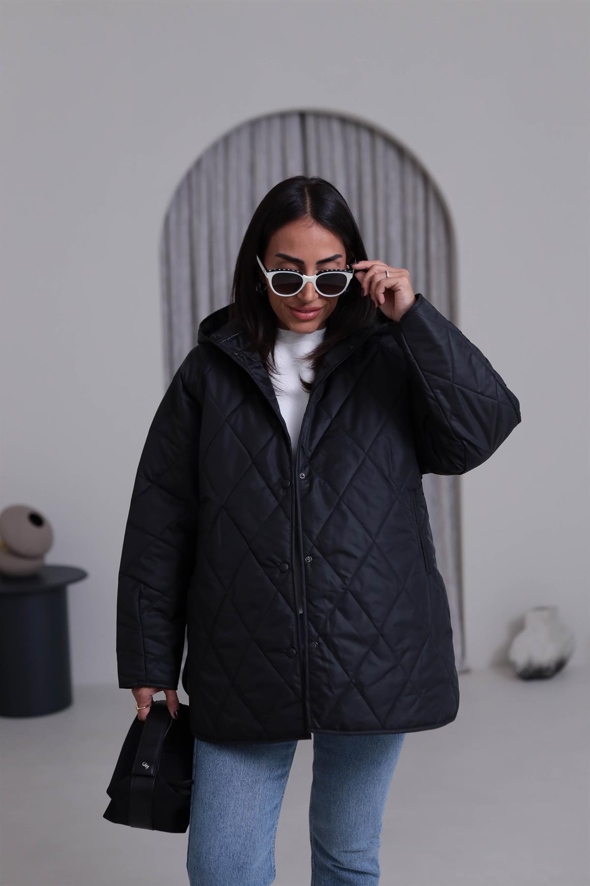 4211 Kapitone Kapşonlu Oversize Mont SİYAH