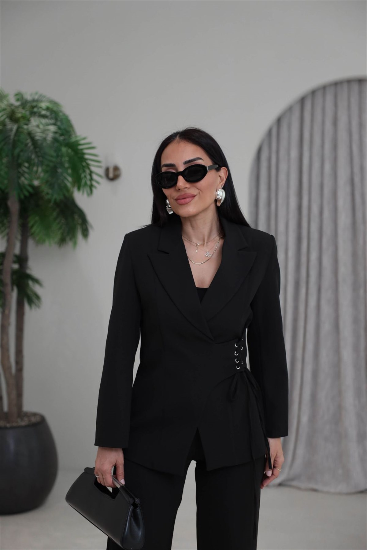 9295 Yandan Kuşgözü Bağlama Detaylı Ceket Pantolon Takım SİYAH