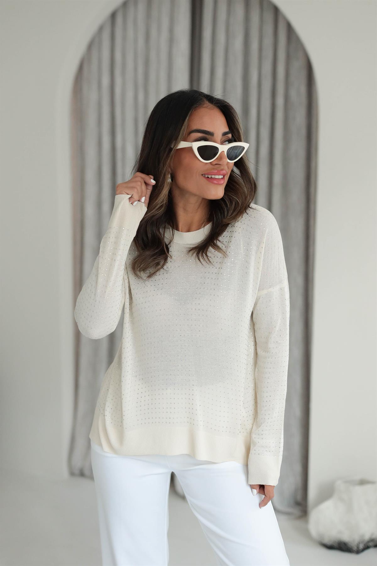 7010 Taşlı Merserize Triko Bluz BEJ