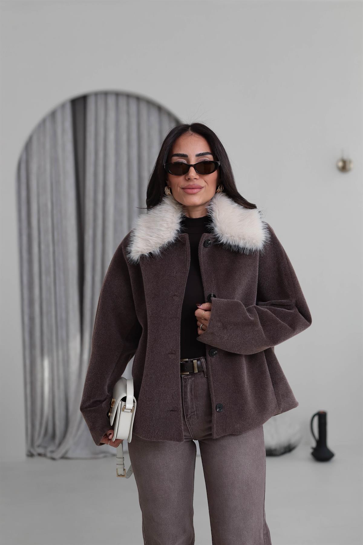 6829 Kürk Yakalı Alpaka Ceket KAHVE
