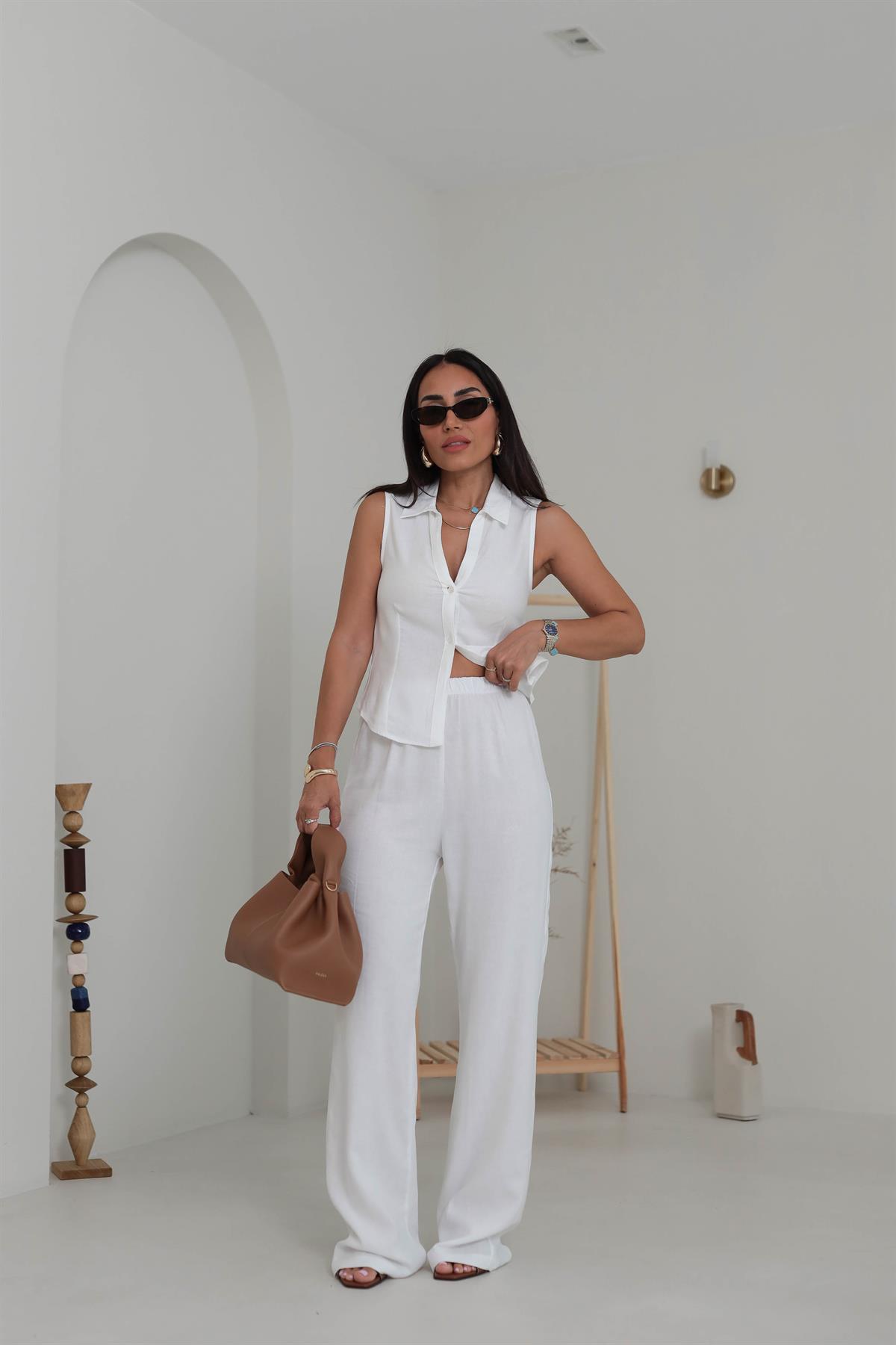 0474 Polo Yaka Yelek & Pantolon Keten Takım BEYAZ
