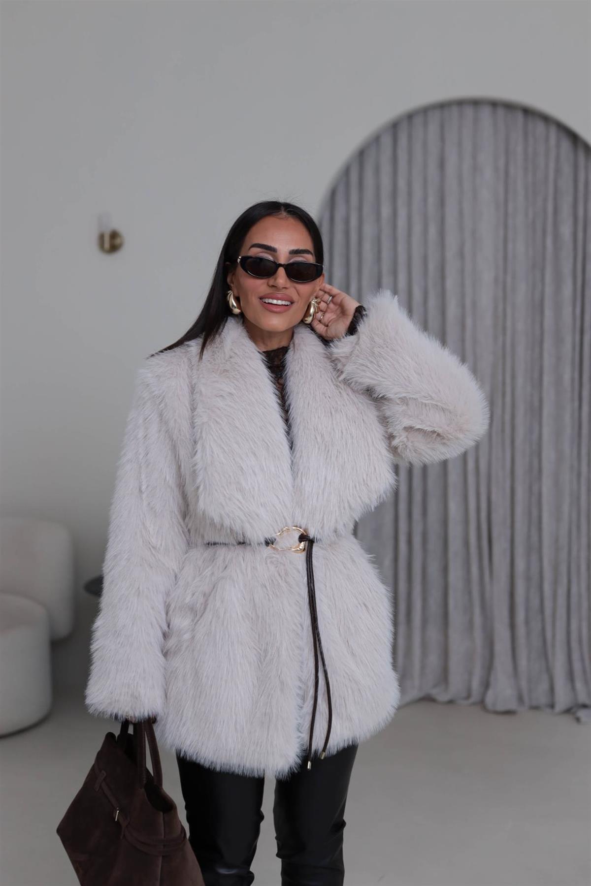 Yakalı Kemerli Suni Kürk Kaban TAŞ