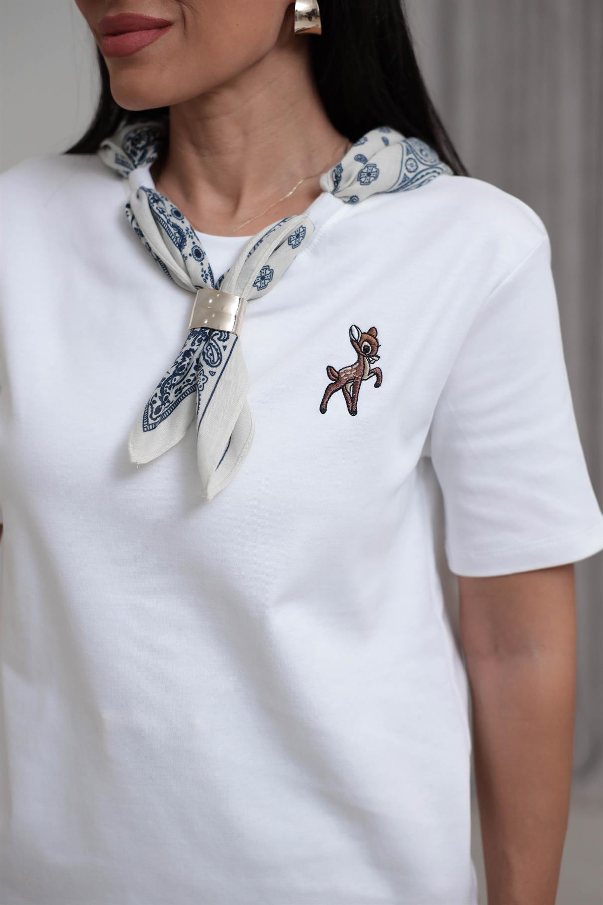 1140 Fular Detaylı Nakışlı Tshirt BEYAZ