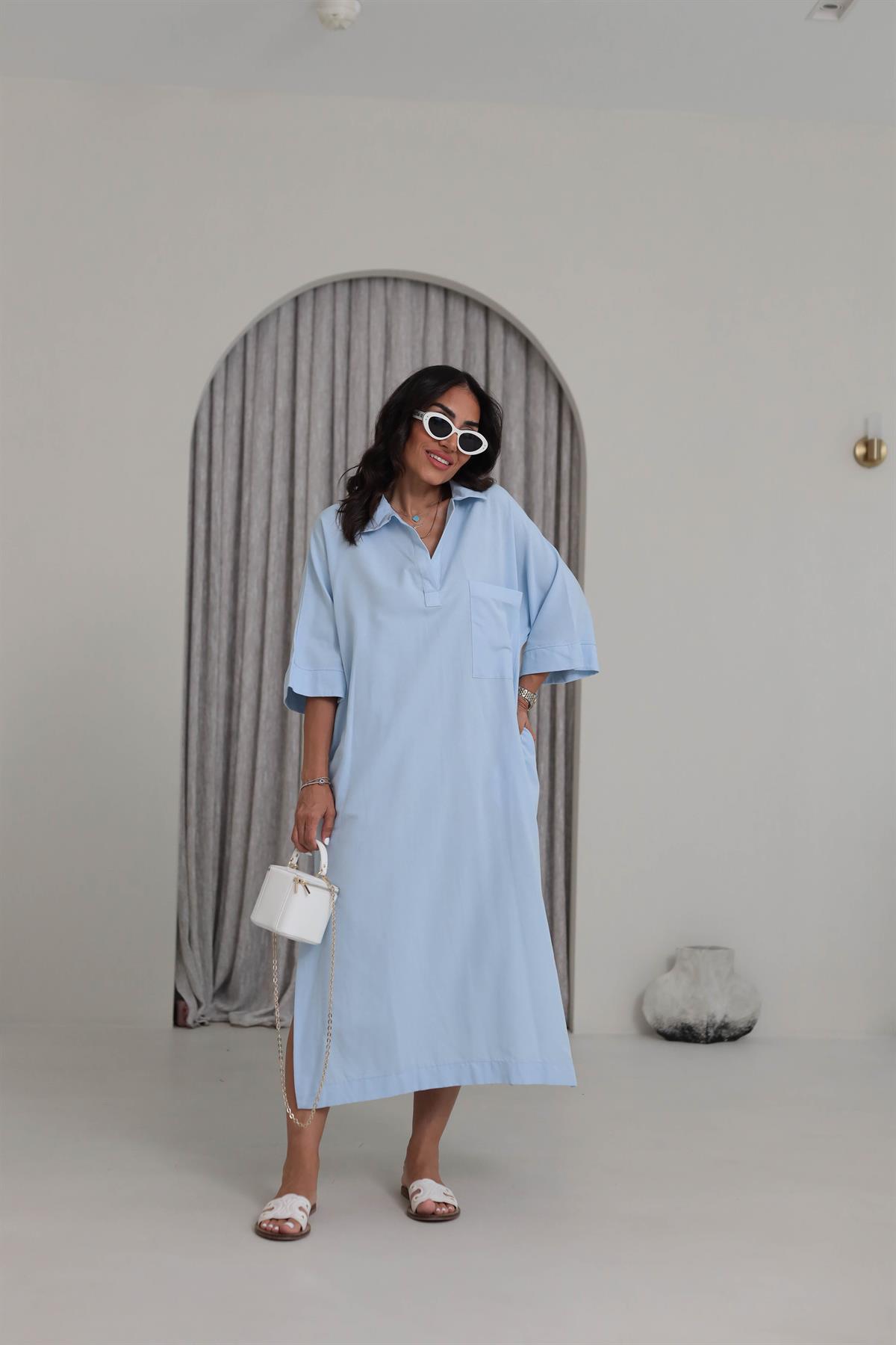 0130 Yanları Yırtmaçlı Cep Detaylı Rahat Keten Elbise MAVİ