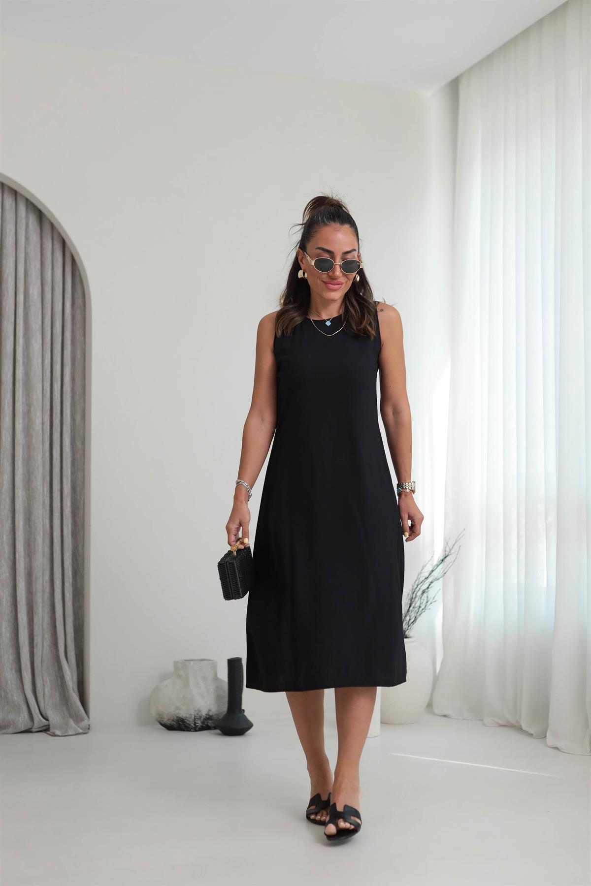 7633 Kolsuz Tiril Elbise SİYAH