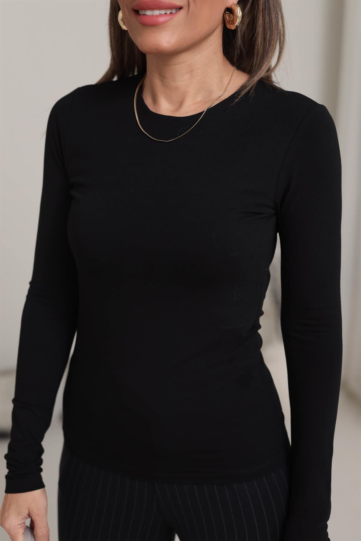 6487 Sıfır Yaka Pamuklu Yumuşak Bluz SİYAH