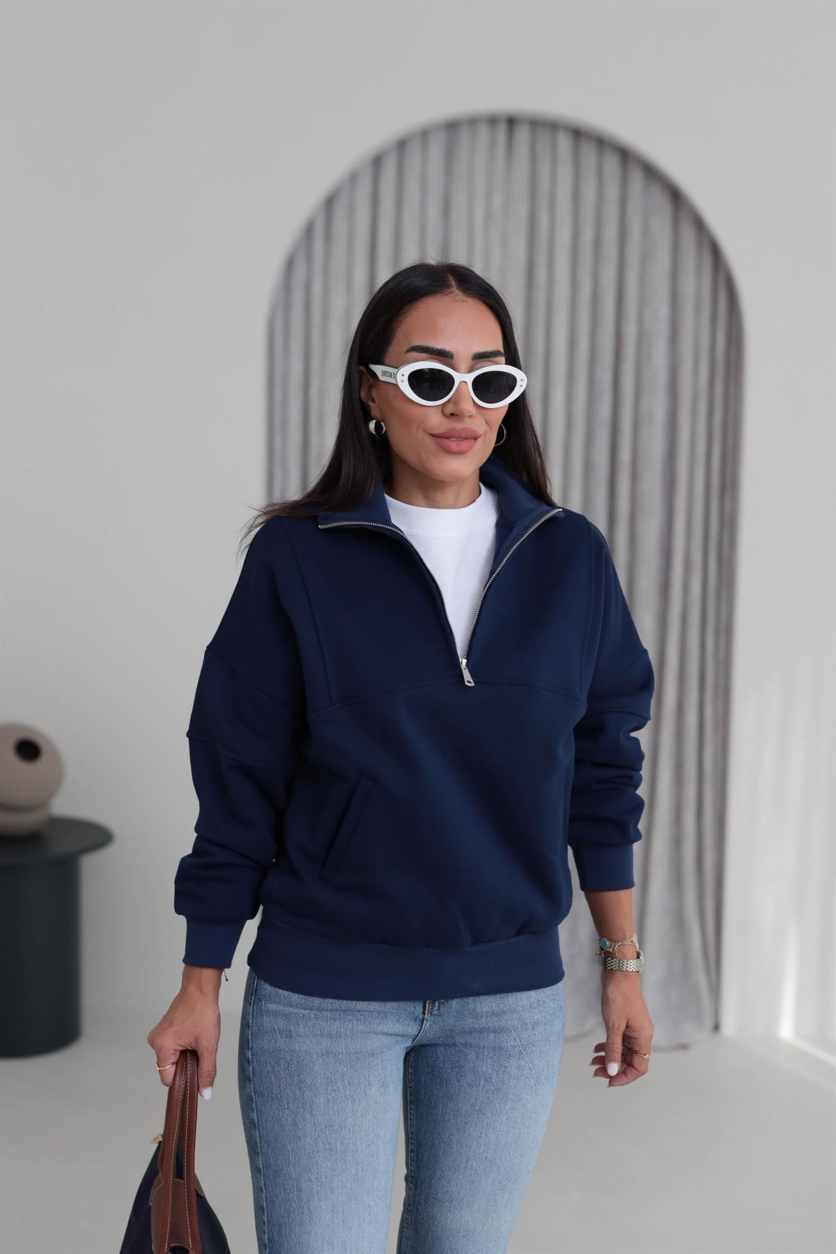 8745 Orj Marka Yarım Fermuarlı Cep Detaylı Sweatshirt LACİVERT