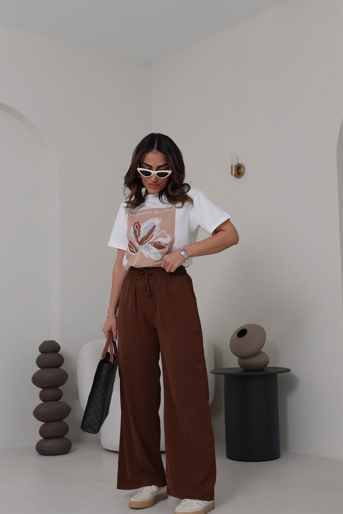 0858 Bel Lastikli Döküm Palazzo Pantolon KAHVE