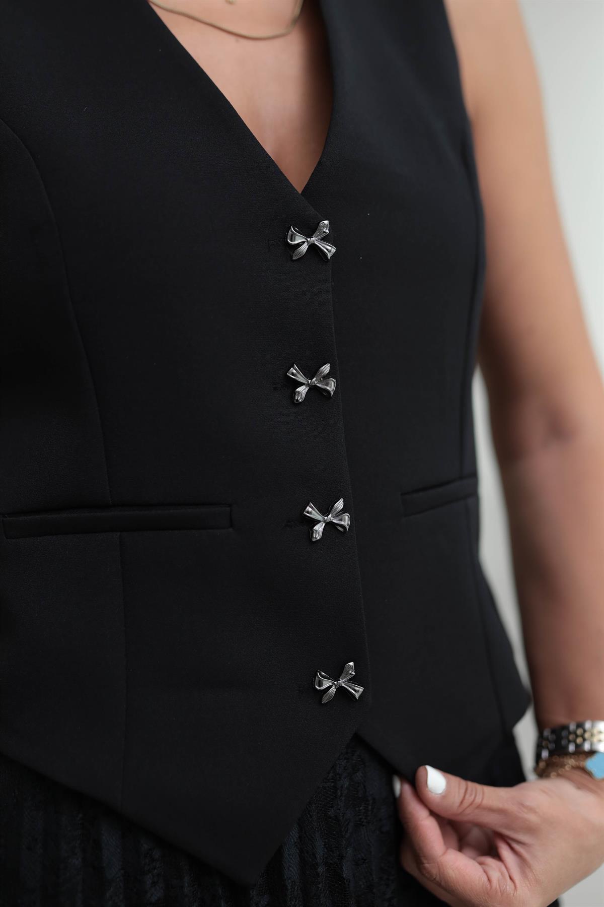 0464 Gümüş Fiyonk Düğmeli Double Yelek SİYAH