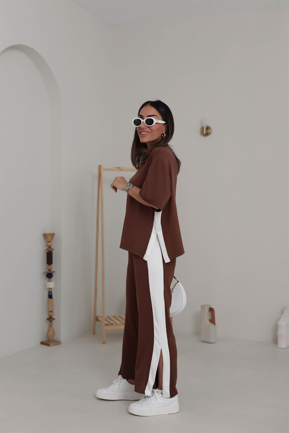 3417 Kontrastlı Paça Yırtmaçlı Rahat Modal Takım KAHVE