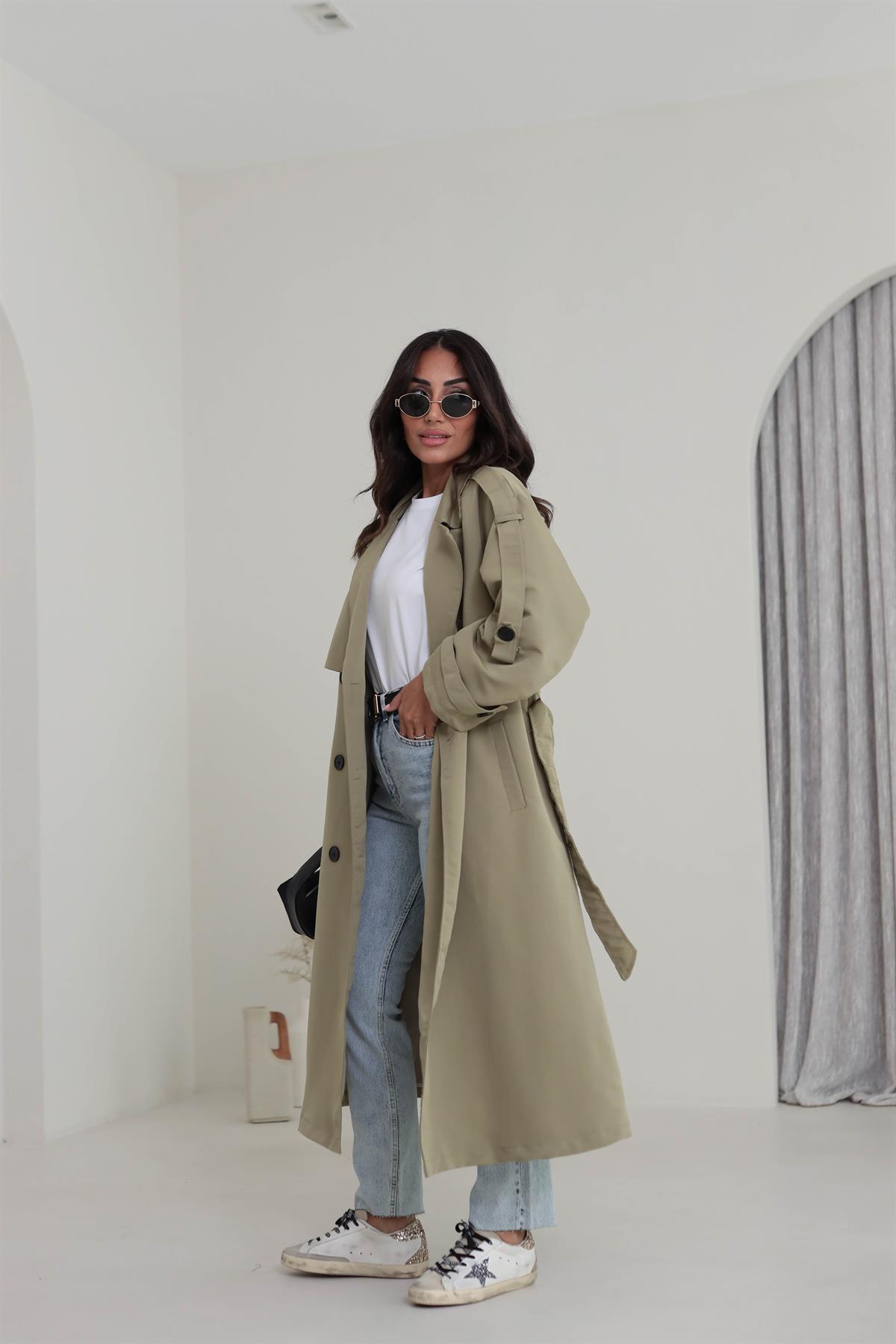 2020 Apoletli Kuşaklı Uzun Trençkot HAKİ YEŞİL