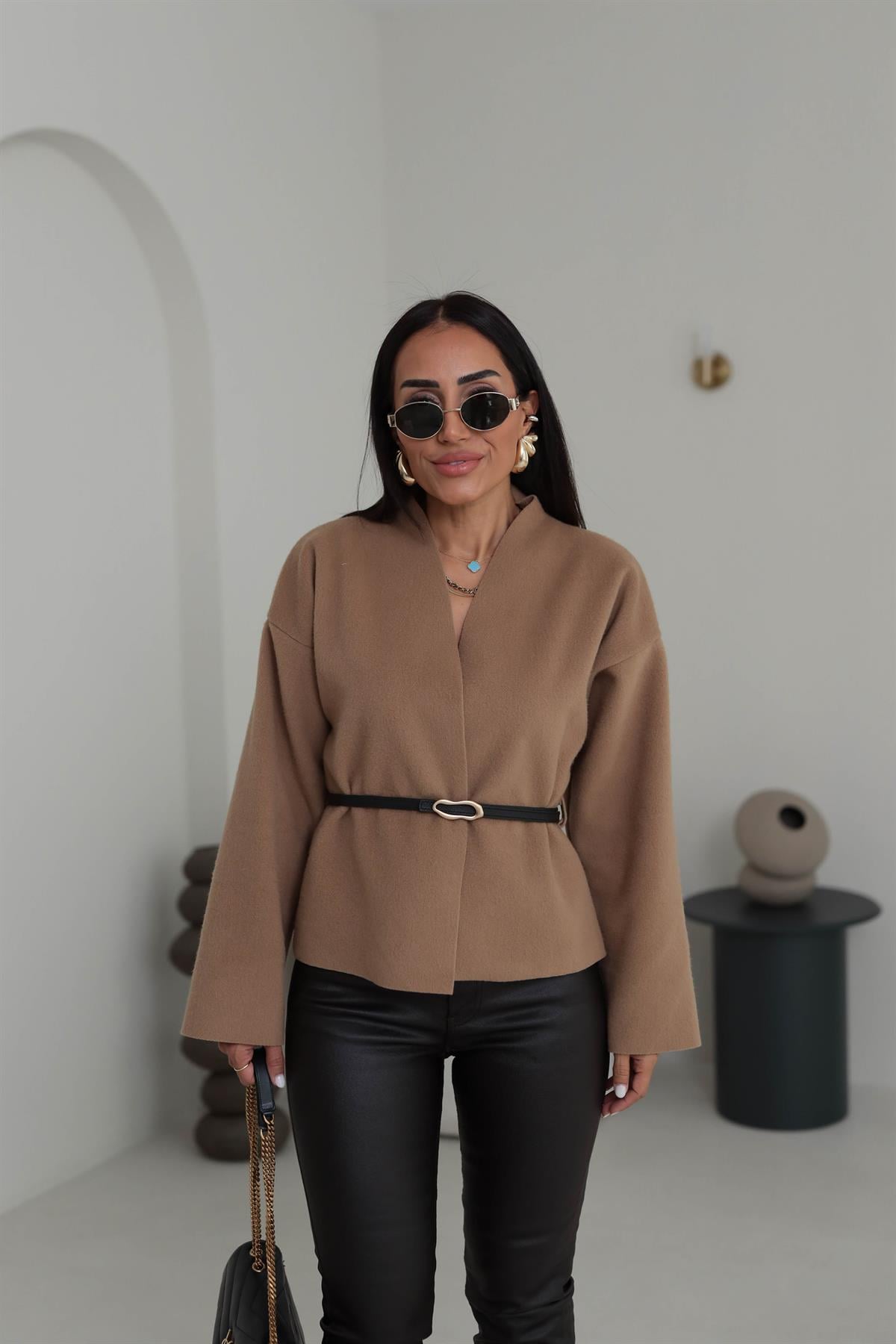 2223 Kemer Detaylı Kaşe Ceket CAMEL