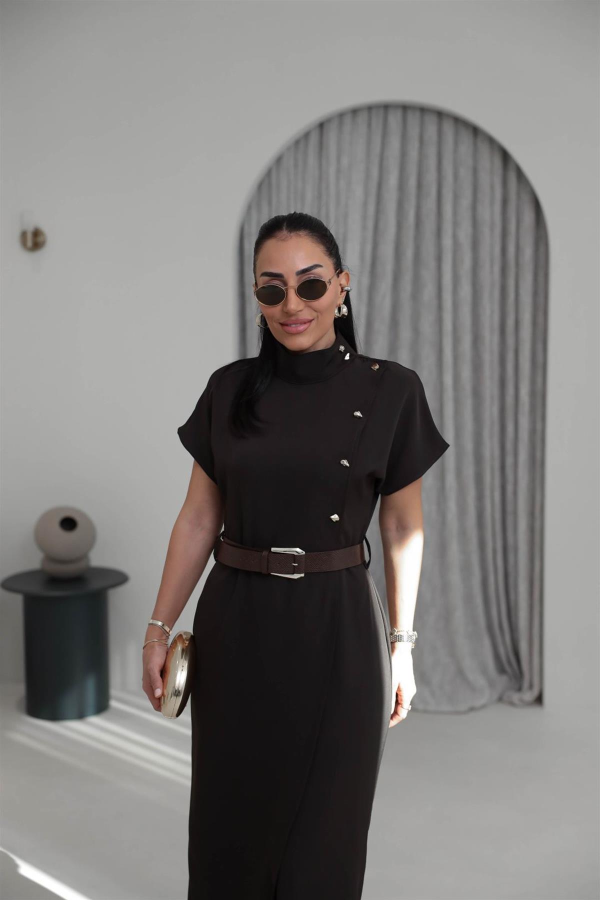 7045 Hakim Yaka Düğme Ve Kemerli Linda Elbise KAHVE